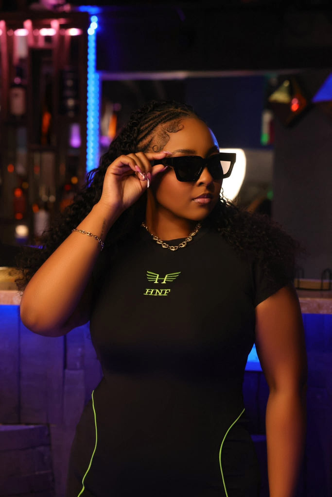 NEON STITCH BODYCON DRESS Hustlers Never Fold NEON STITCH BODYCON DRESS Hustlers Never Fold